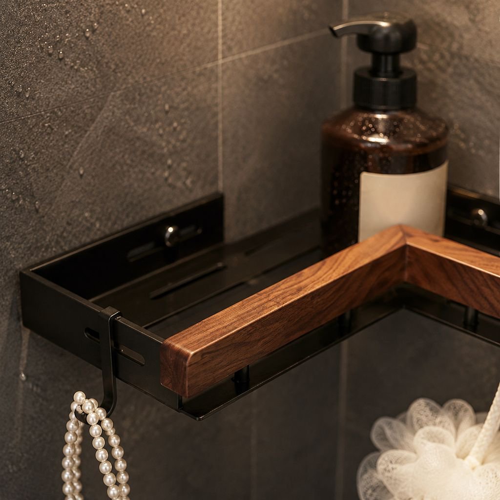 Close-up of wooden bathroom storage rack and accessories
