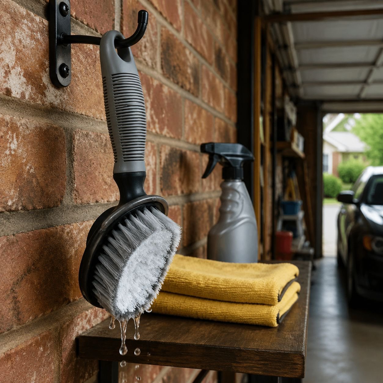 Auto wheel cleaning brush with ergonomic handle