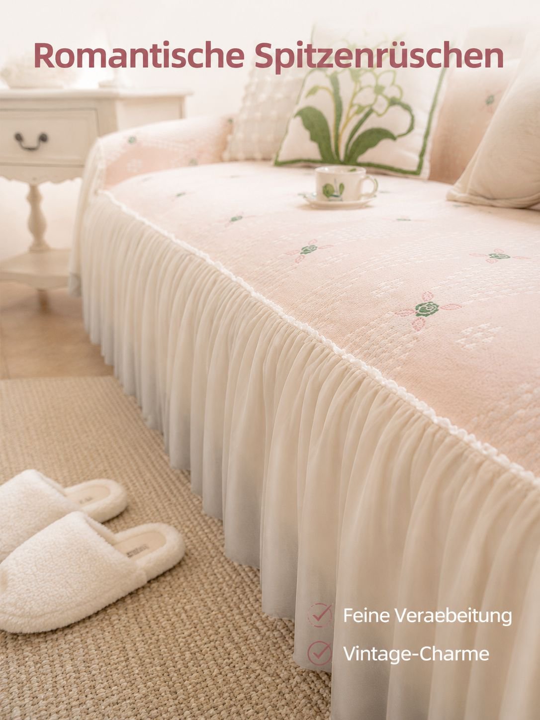 Vollständige Sofahusse mit Spitzenrüschen, Chenille-Stoff im Cream-Stil