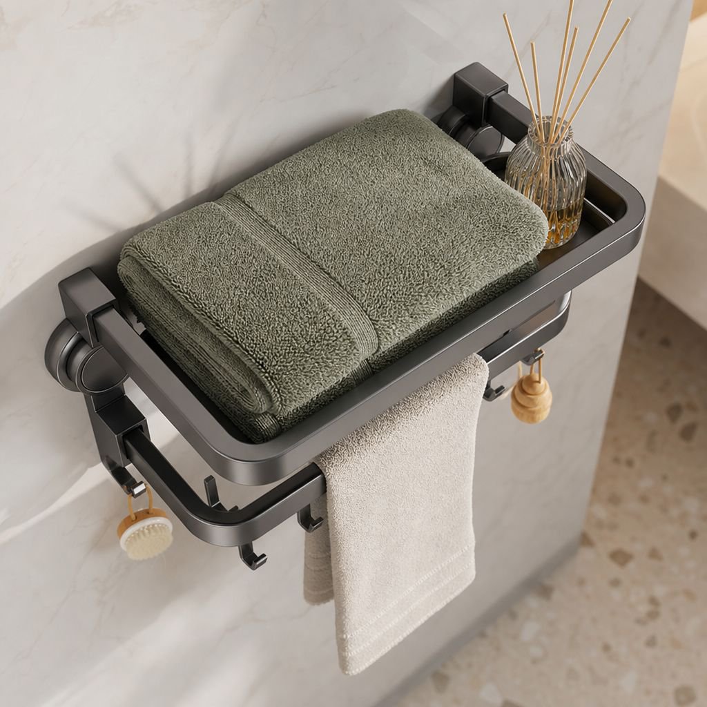 Vue rapprochée de l'étagère à ventouse pour salle de bain