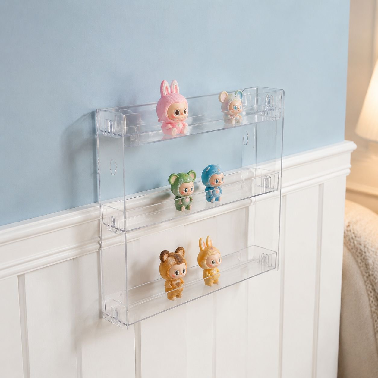 Punch-free wall mounted organizer for collectibles and figurines
