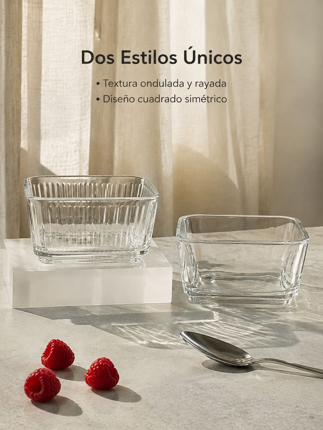 Cuencos de cristal de cuatro esquinas para postres y frutas.