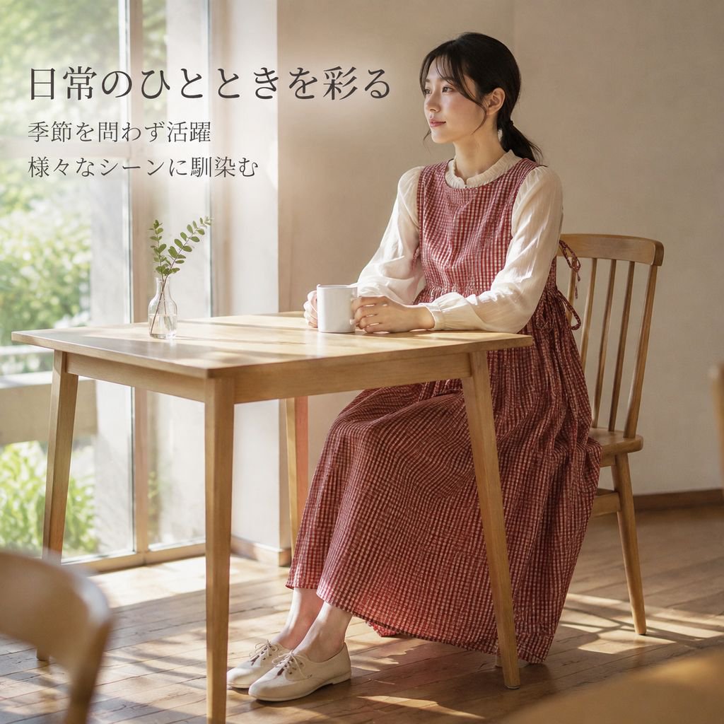 文芸風綿麻チェックワンピース