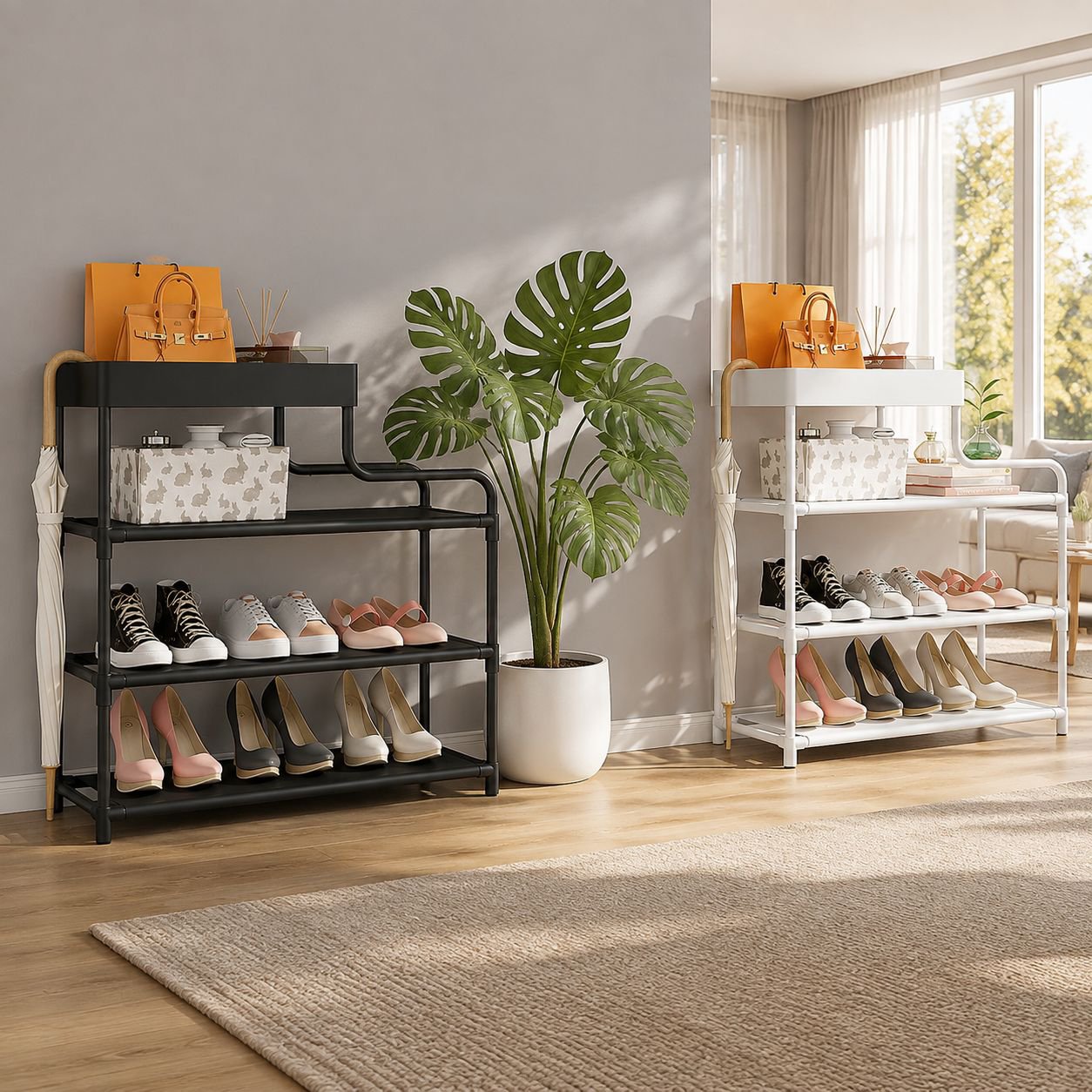 Shoe rack with multiple tiers holding various footwear