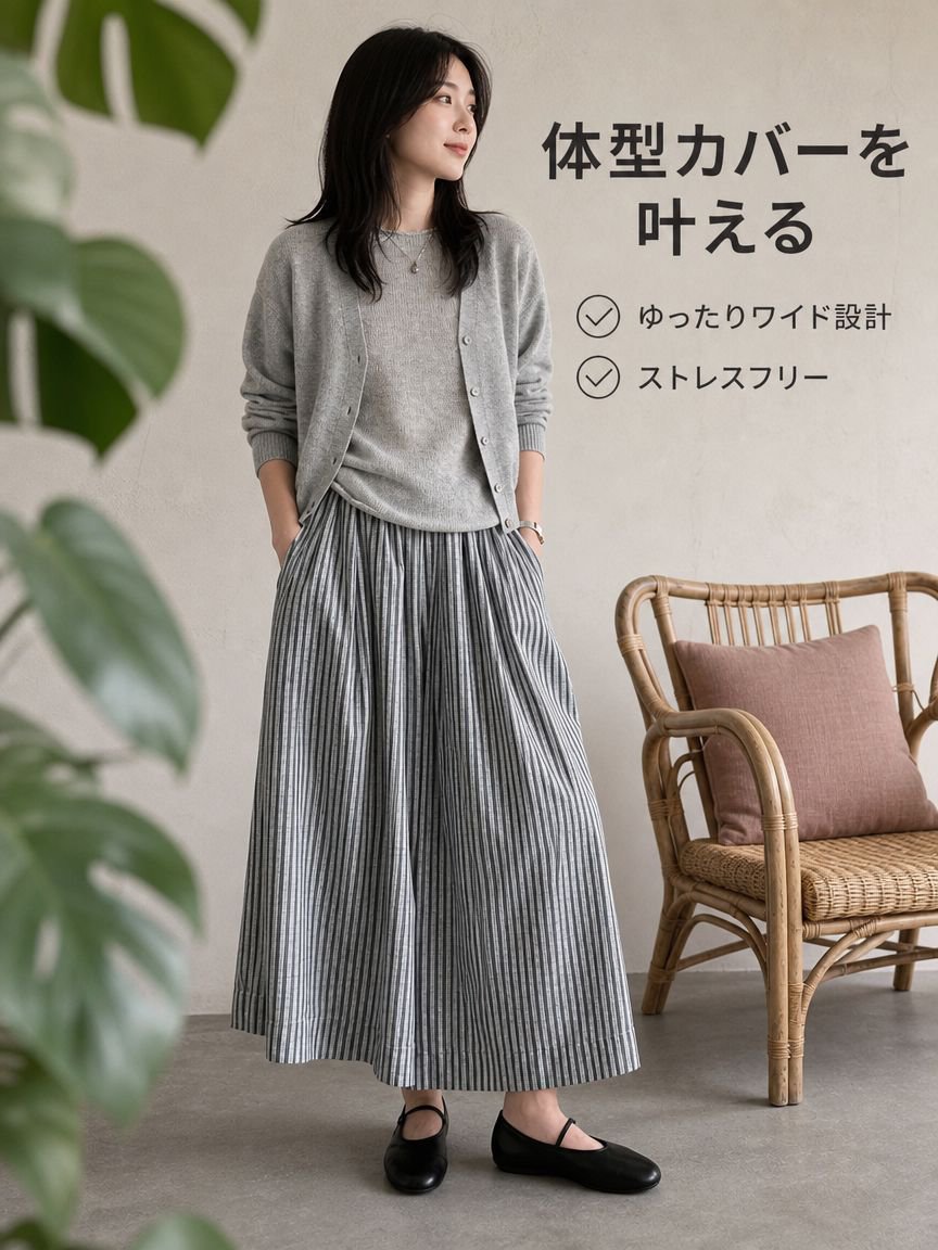 ストライプカジュアルワイドパンツ レディース ゆったりシルエット