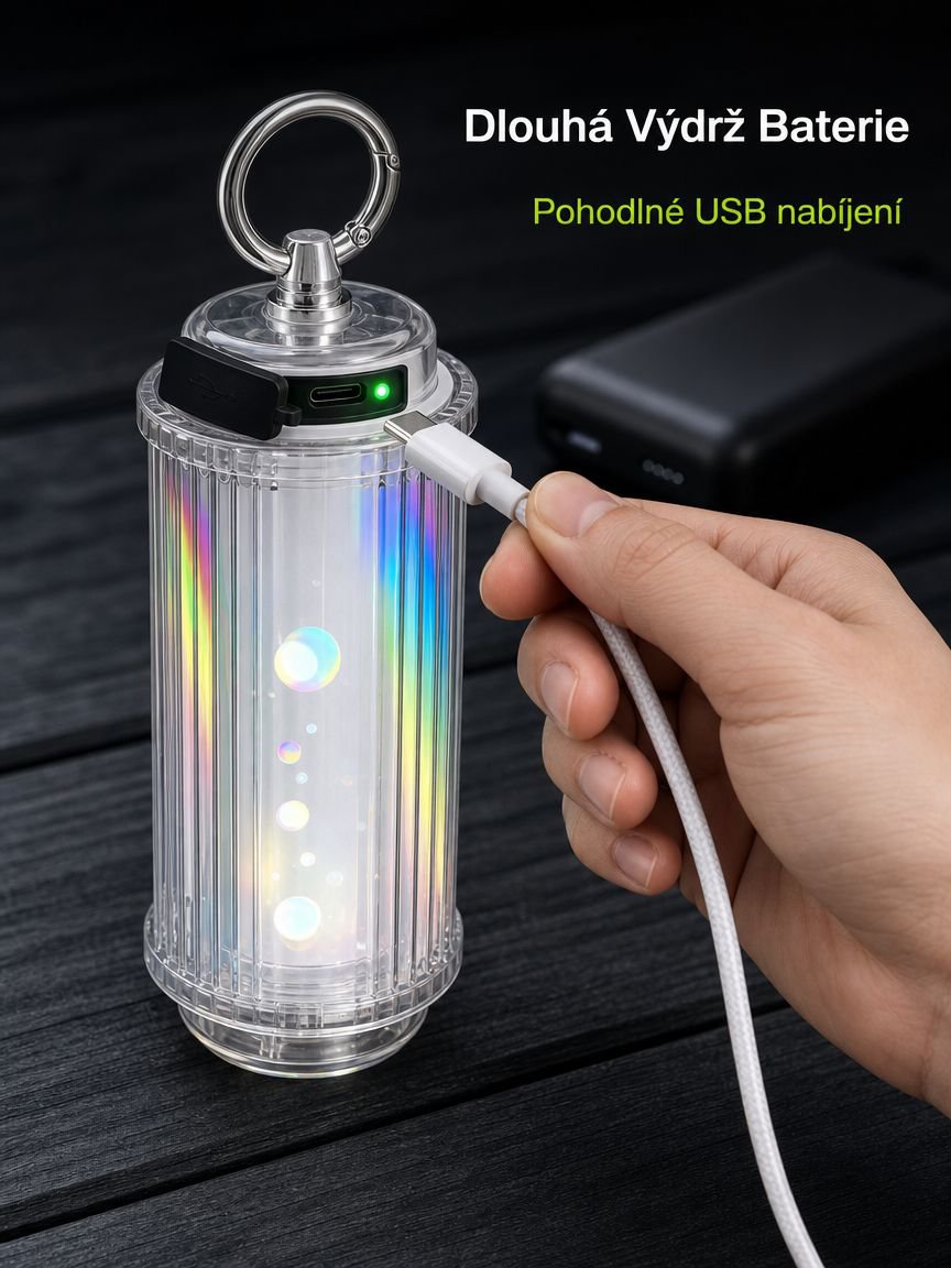 LED kempingová lampa osvětlující prostor ve stanu