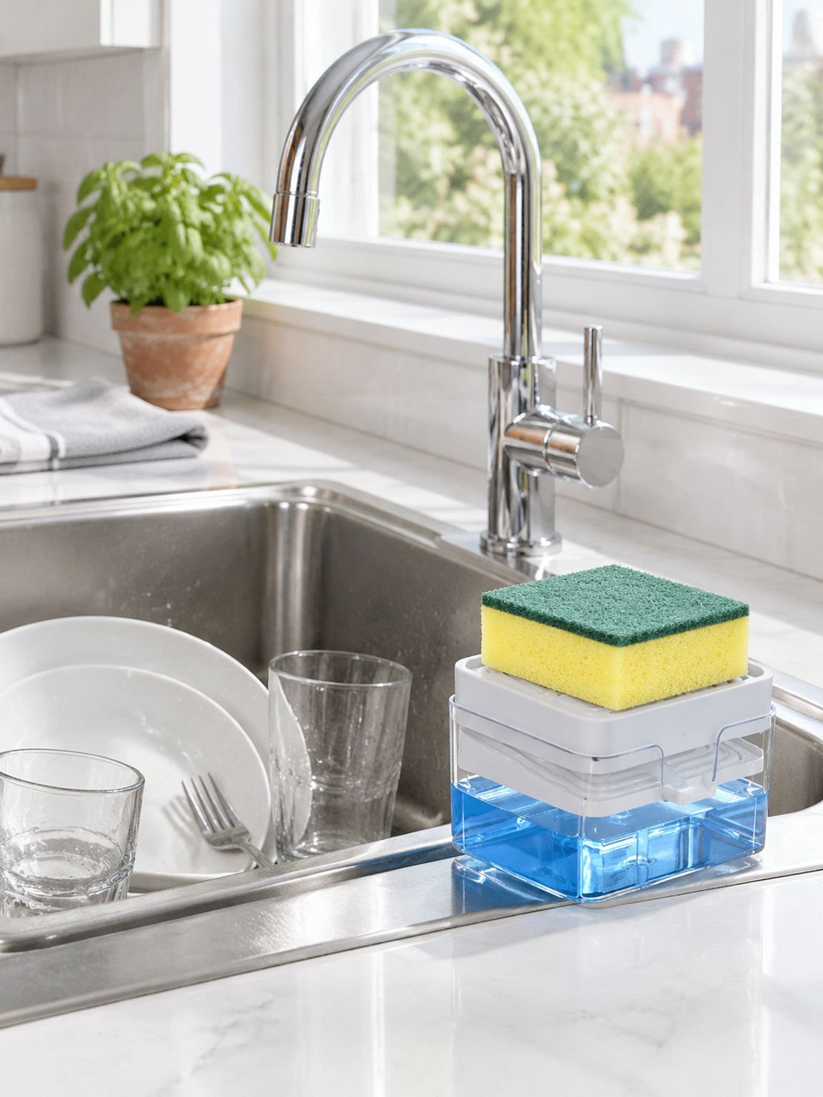 Creative Press Soap Dispenser on a bathroom counter