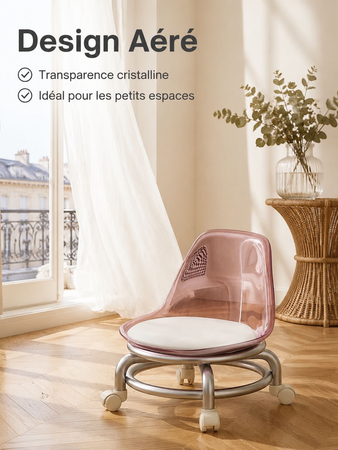 Tabouret pour enfant en plastique transparent avec roulettes pivotantes