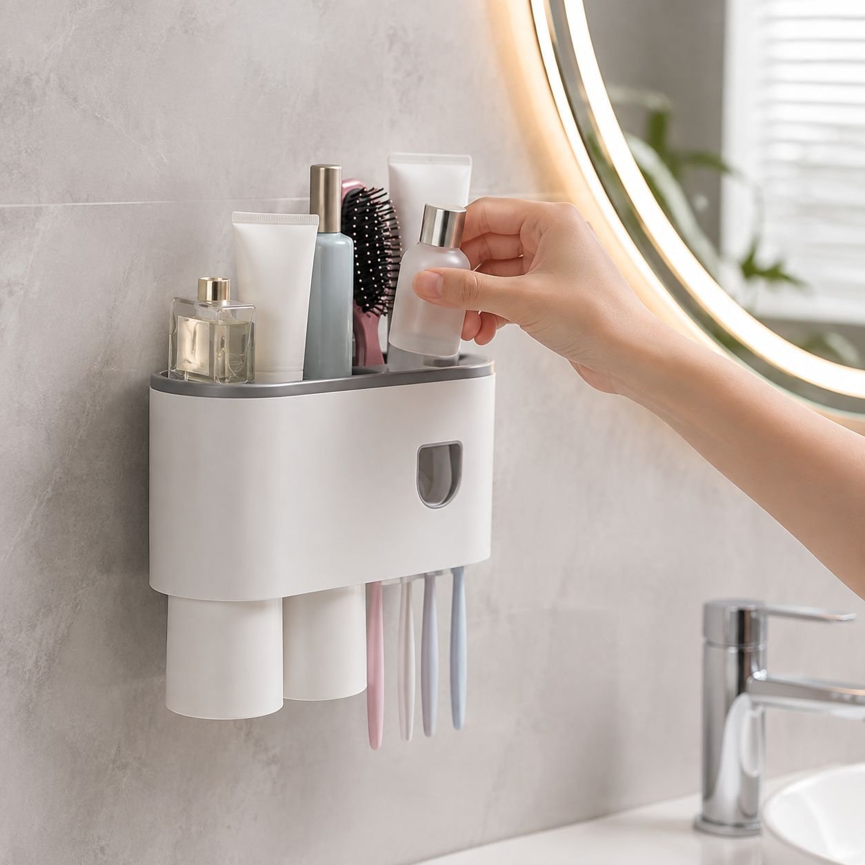 Magnetic cup and toothpaste rack for bathroom
