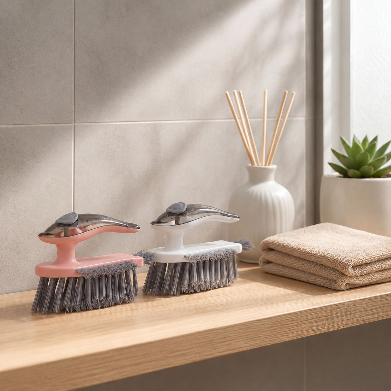 Specialized brush scrubbing tough stains on tile grout