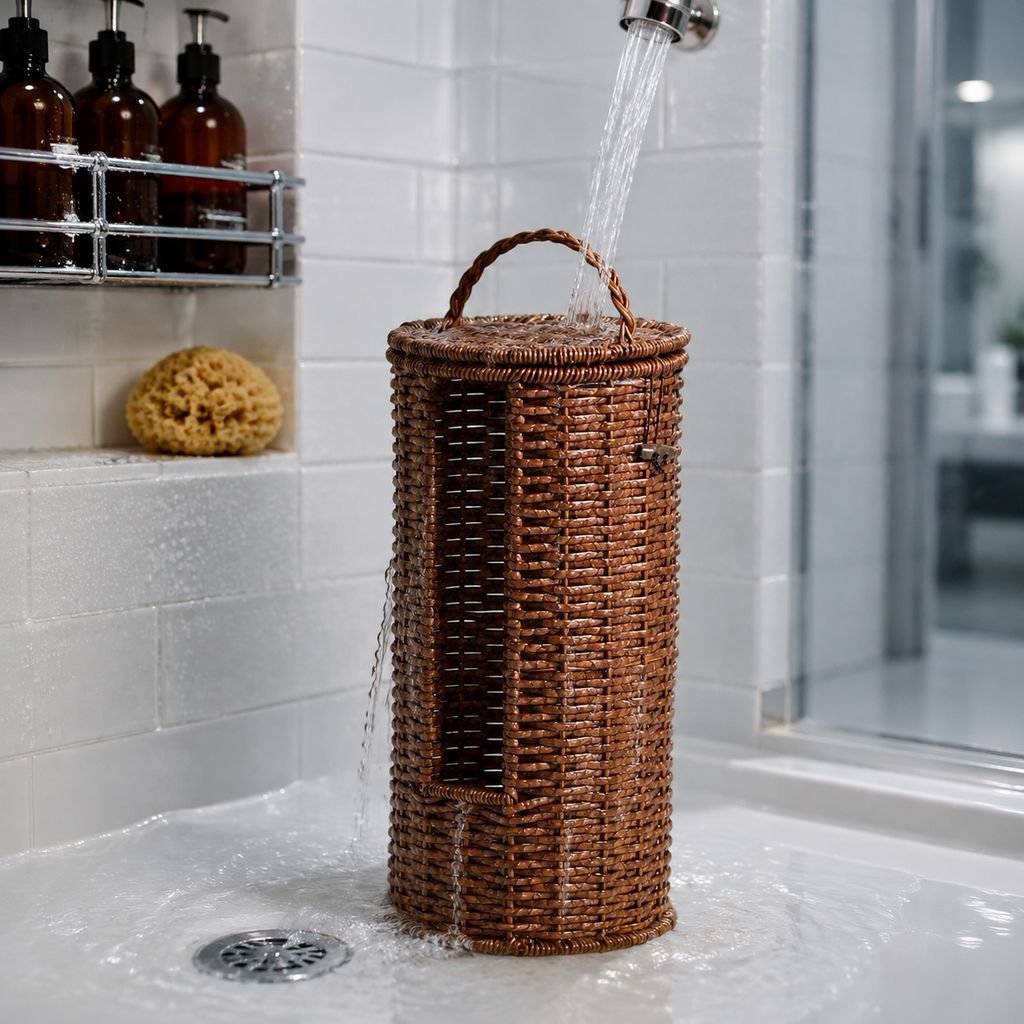 Decorative storage basket for towels and bathroom essentials