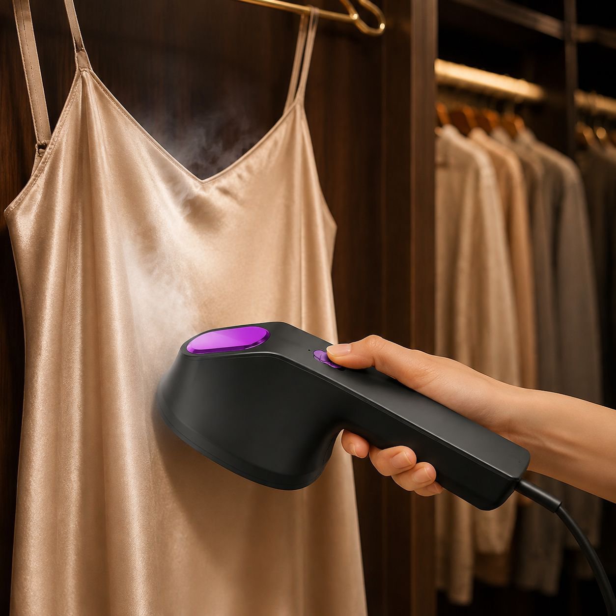 Compact handheld iron steaming a shirt