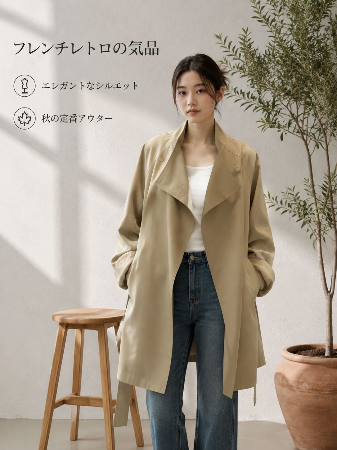 フレンチレトロスタイルのミドル丈トレンチコート（女性用）、春秋新作、ゆったりとしたシルエット、ウエストを絞ったデザイン、カジュアルなスタンドカラーコート。