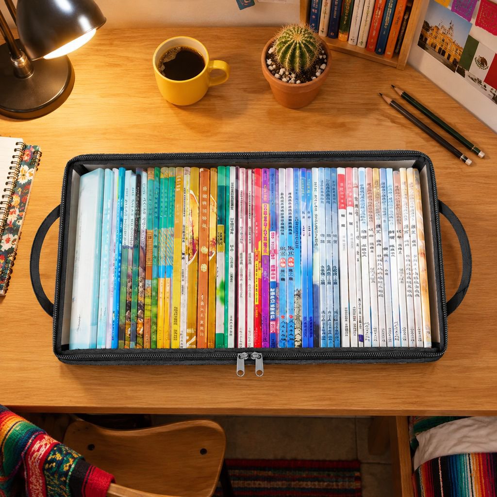Caja organizadora de libros de gran capacidad en dormitorio