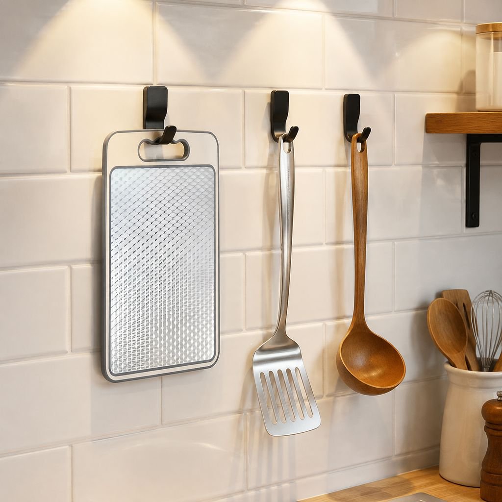 Home kitchen setup featuring stainless steel cutting board with knife sharpener