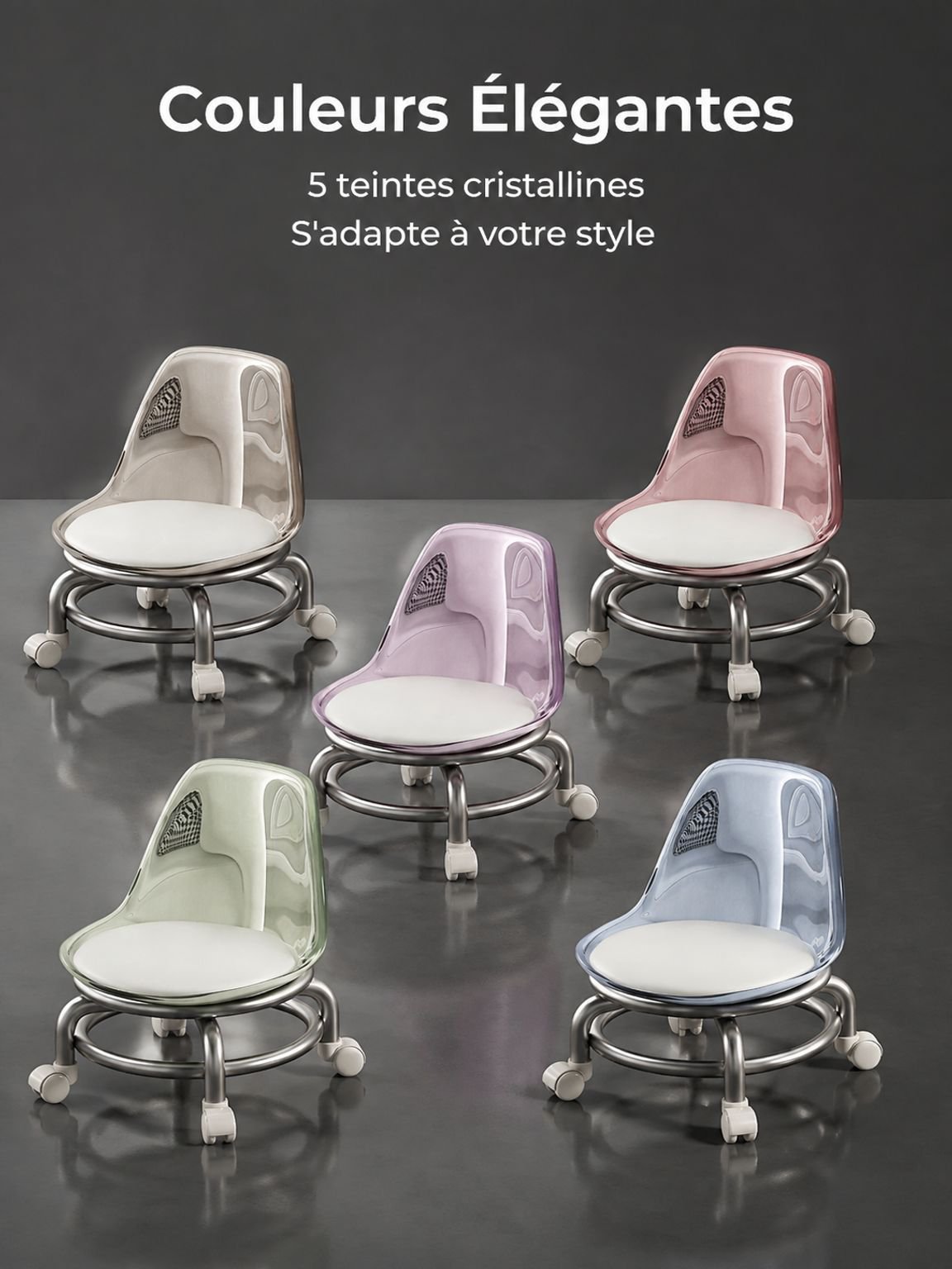 Tabouret roulant pour enfant avec assise en plastique transparent