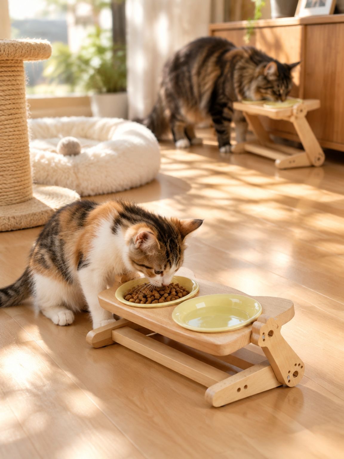 Katzenfutterstation aus Holz mit herausnehmbarem Keramiknapf