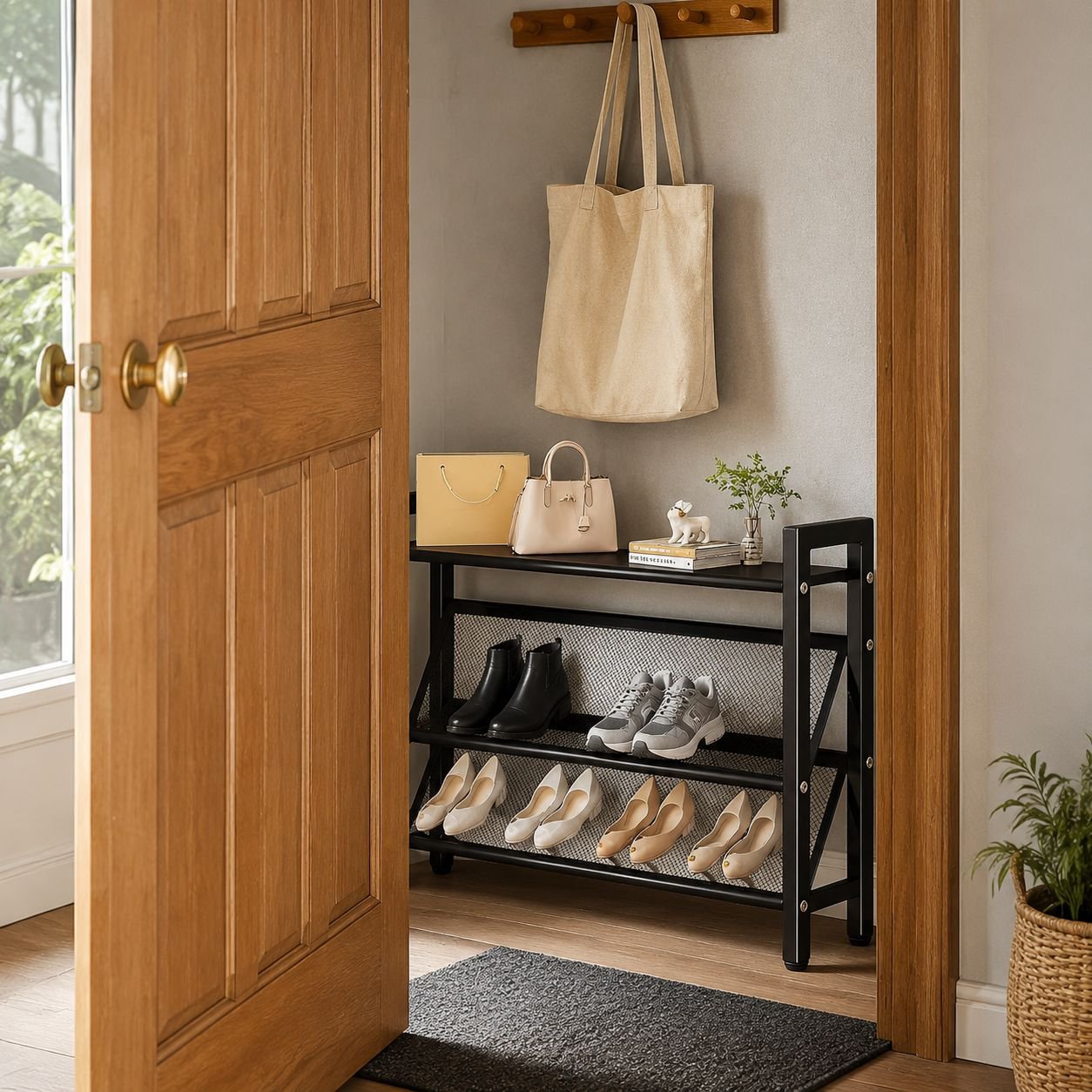 Space-saving shoe organizer with mesh design