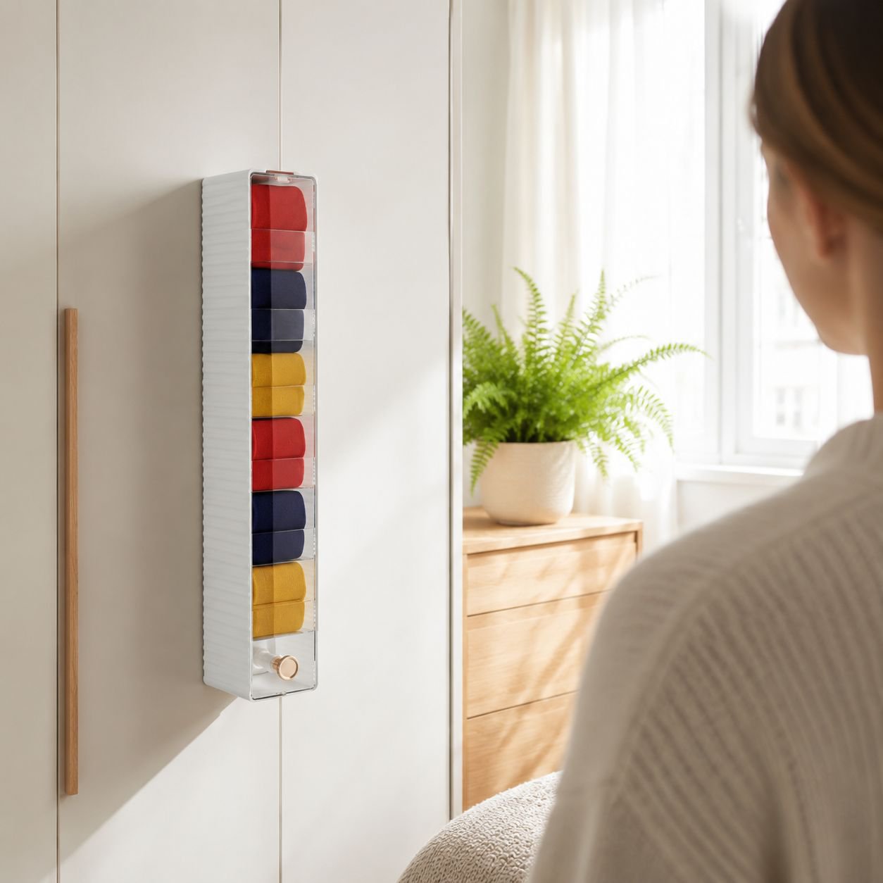 Hanging storage container in wardrobe