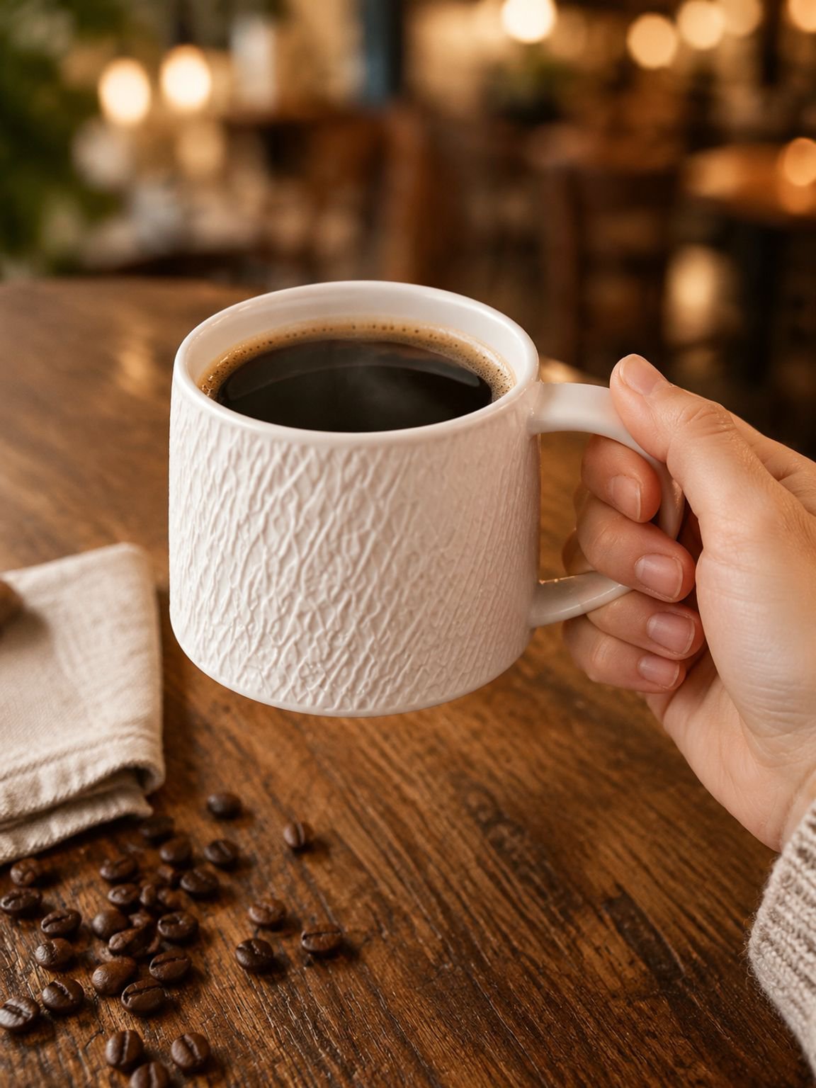 Close-up of vintage-style stoneware coffee cup and saucer