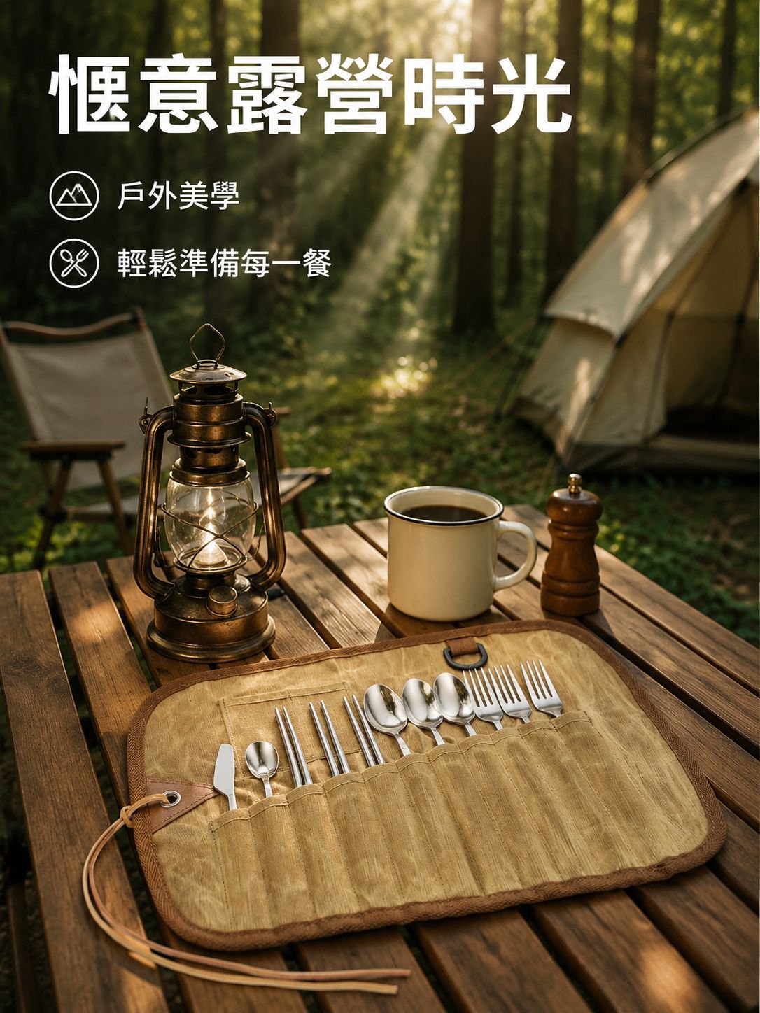 戶外便攜三人餐具組合帆布收納袋