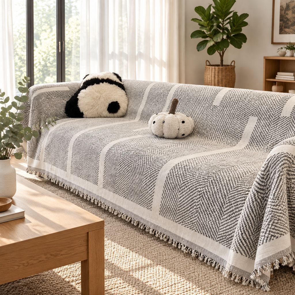 Black and white chenille sofa cover, anti-slip, cat scratch-proof
