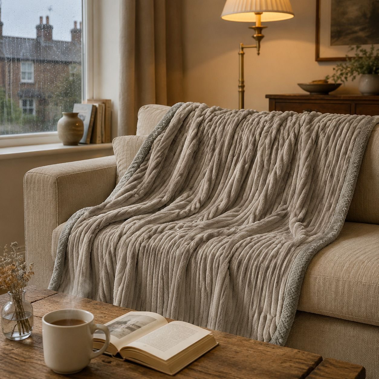 Soft warm office napping blanket draped over office chair