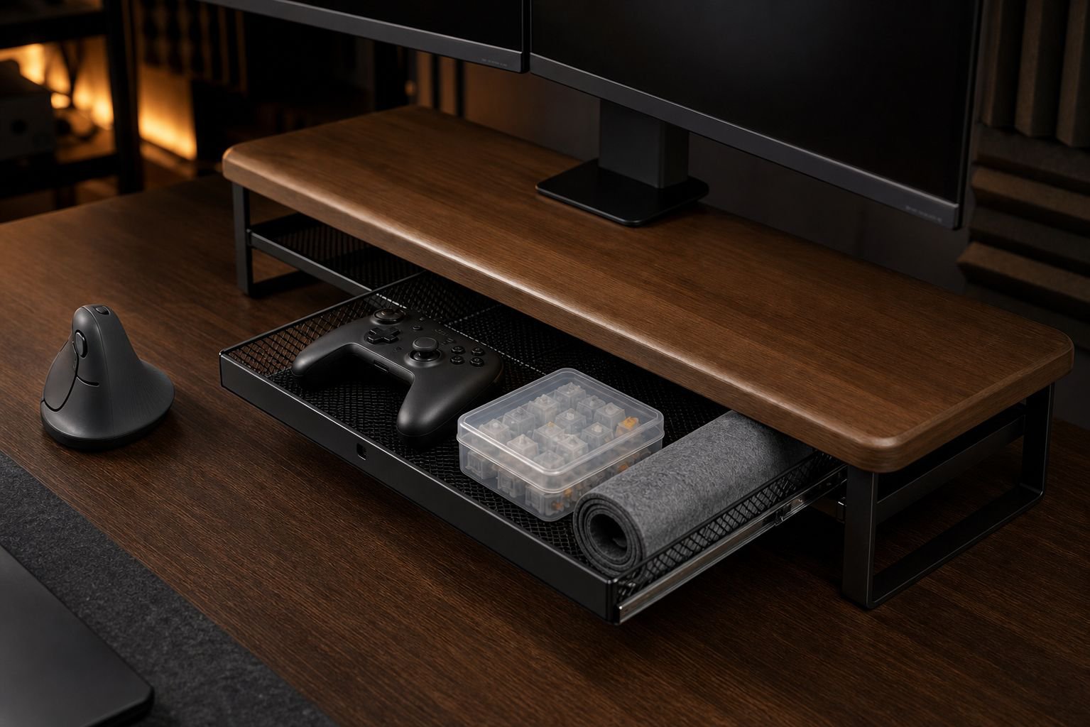 Adjustable Monitor Riser with Sliding Storage Drawer on desk