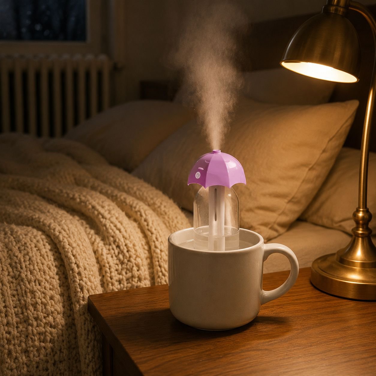 JMU humidifier next to laptop on desk