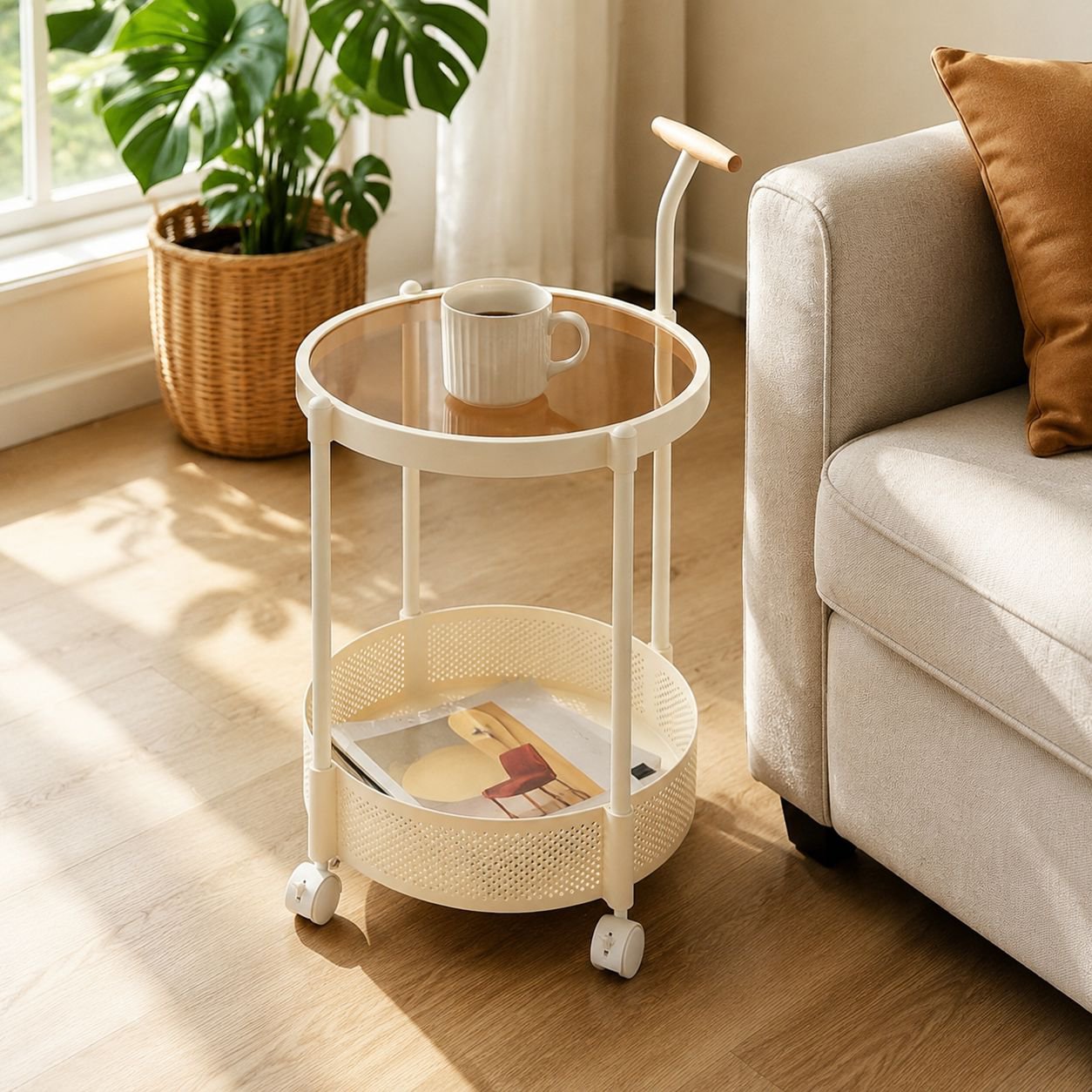 French Light Luxury Movable Glass Coffee Table Living Room Sofa Side Table