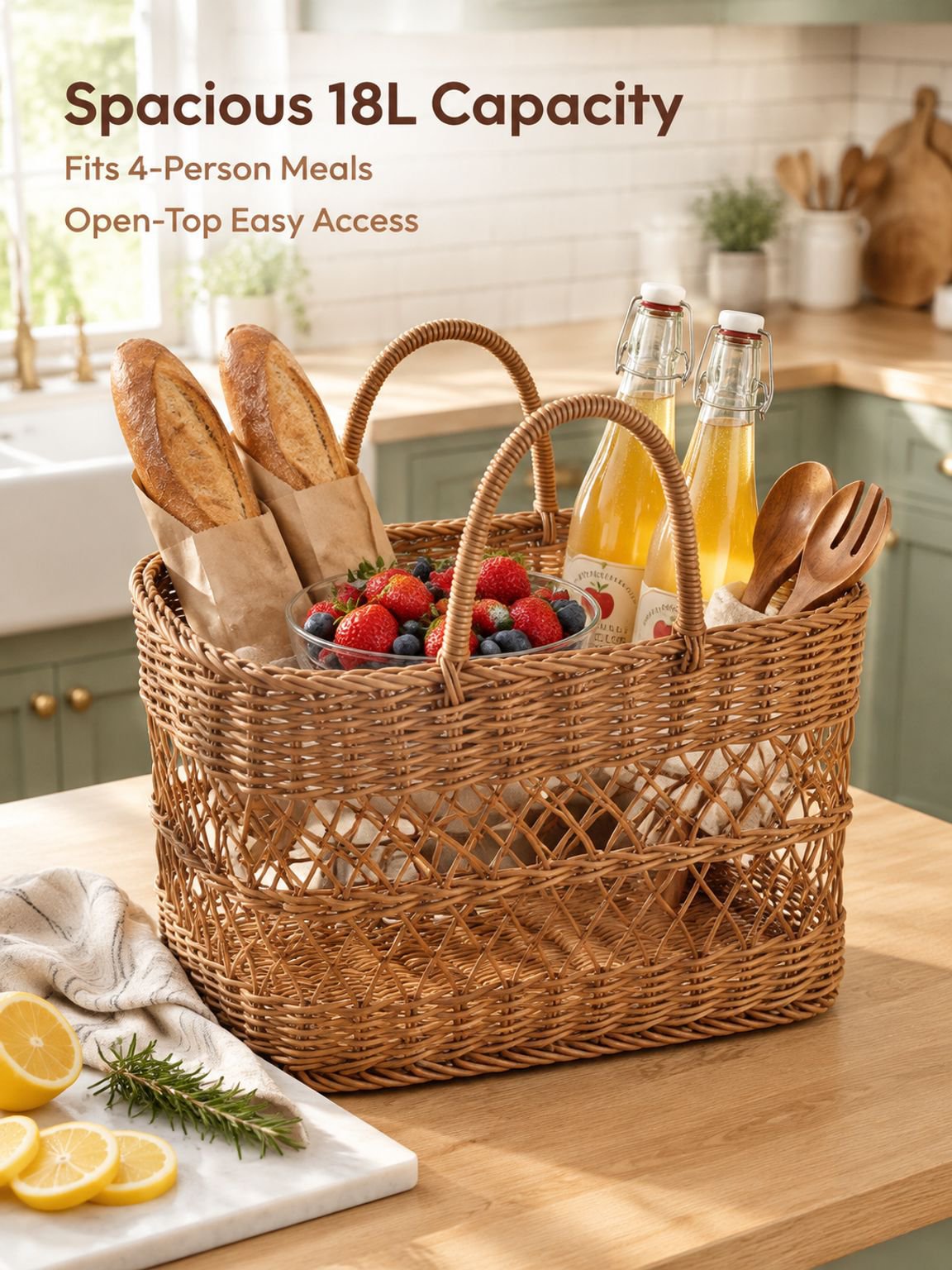 Imitation Rattan Outdoor Picnic Basket, Portable Handheld Shopping Basket