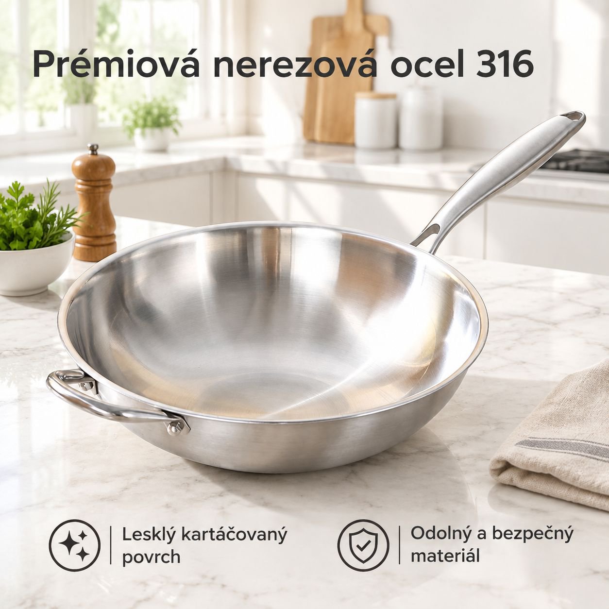 Zesílená pánev Wok z nerezové oceli 316 bez povrchové úpravy, pro indukci a plyn