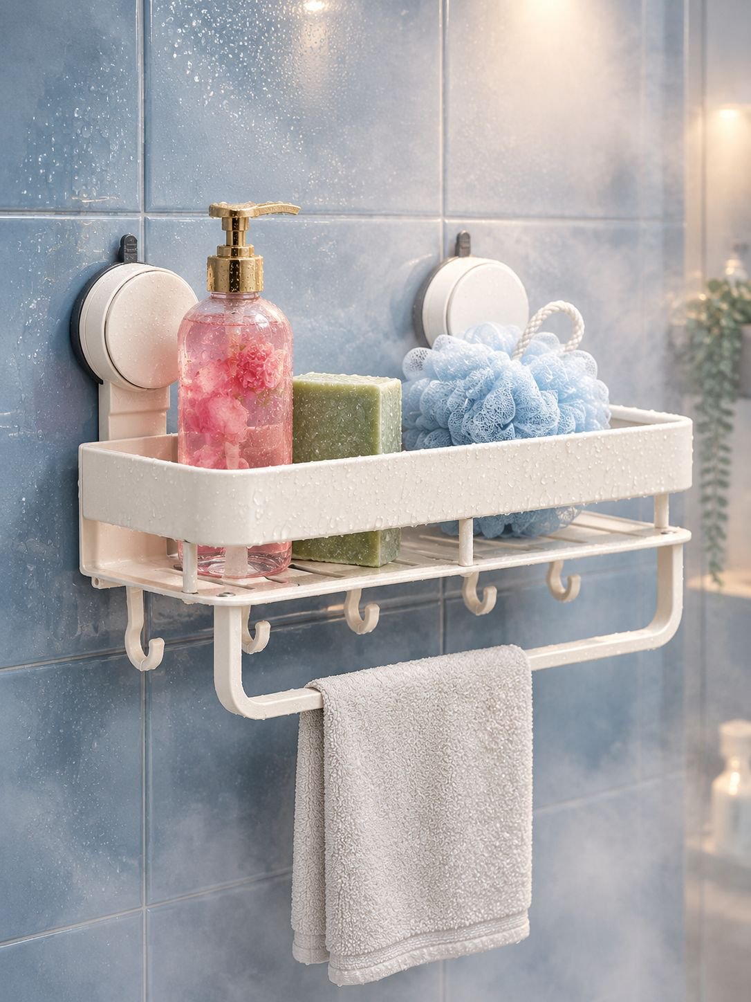 Estante de baño crema mostrando capacidad de almacenamiento