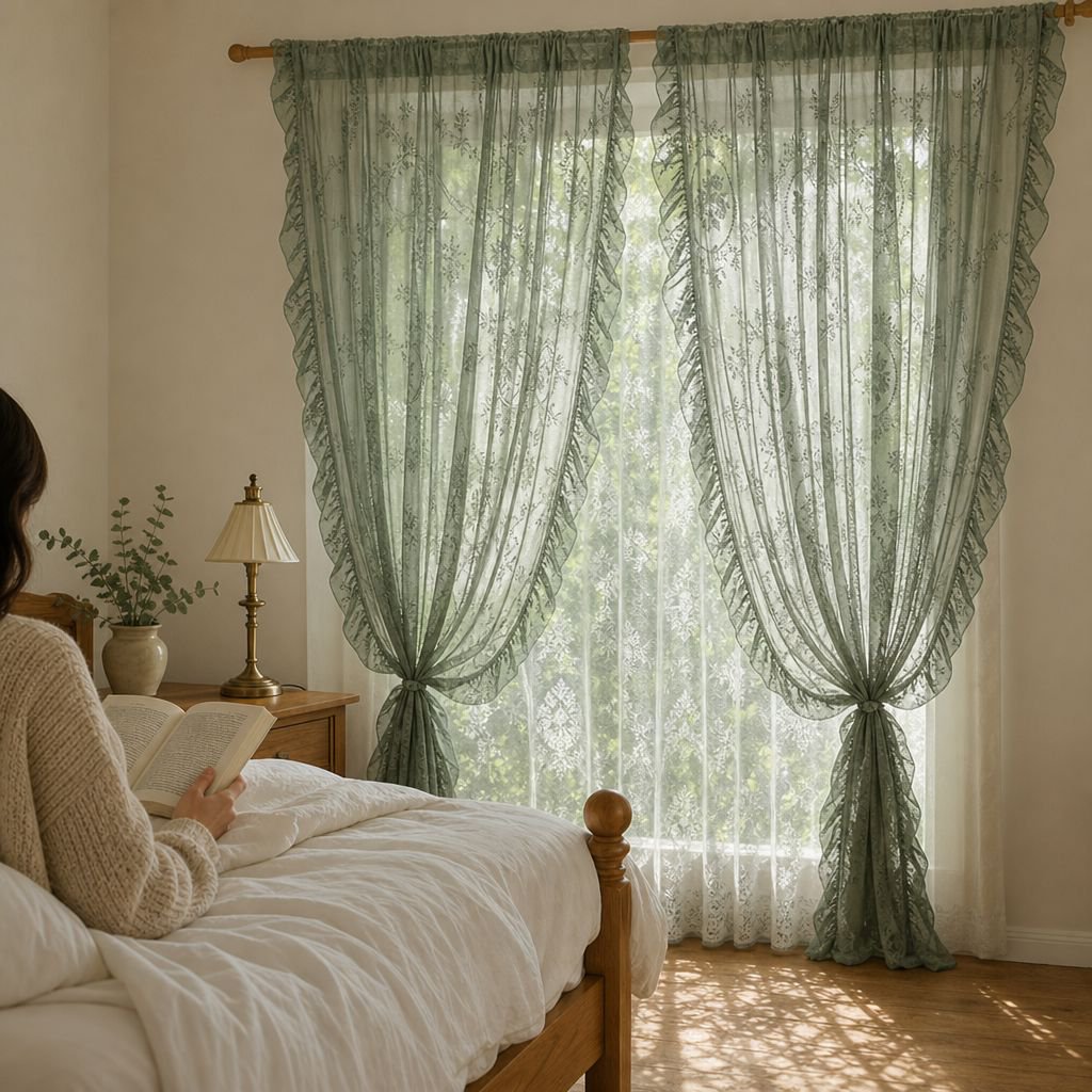 Romantische halbverdunkelnde Spitzen-Gardine mit Rüschen für Landhausstil Wohnzimmer