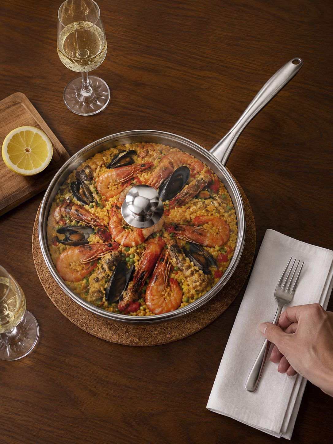 Cocina saludable con sartén de acero inoxidable