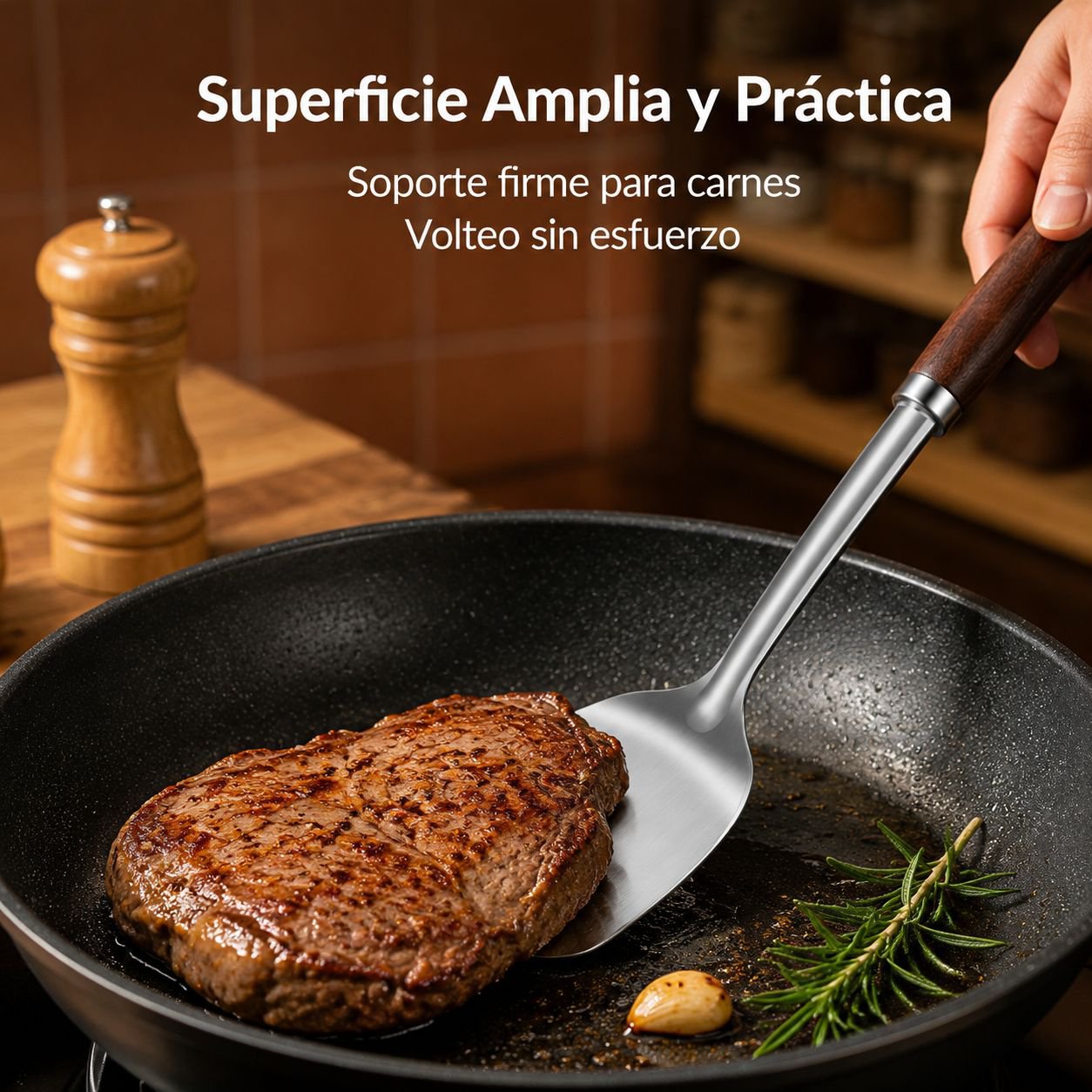 Espátula de acero inoxidable engrosada para cocinar.