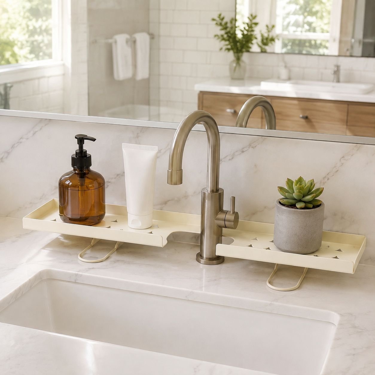 Bathroom faucet plant stand, bathroom countertop folding shelf, toilet vanity mirror storage solutio