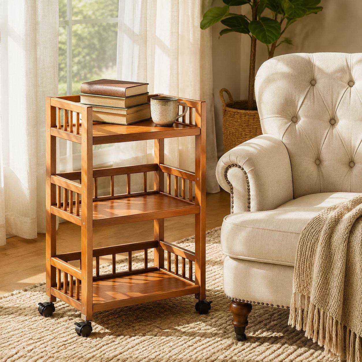Household movable storage rack trolley living room simple sofa side table snack rack solid wood tea 