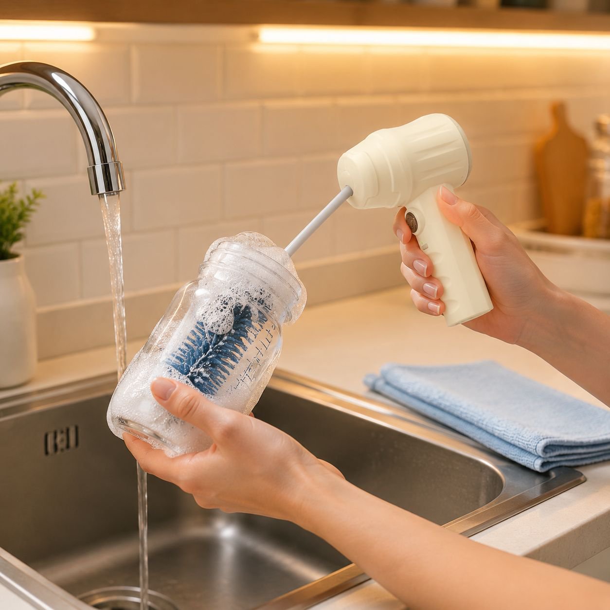 Electric bottle brush made of silicone, won't damage bottles, 3 speed settings, cleans bottles and i