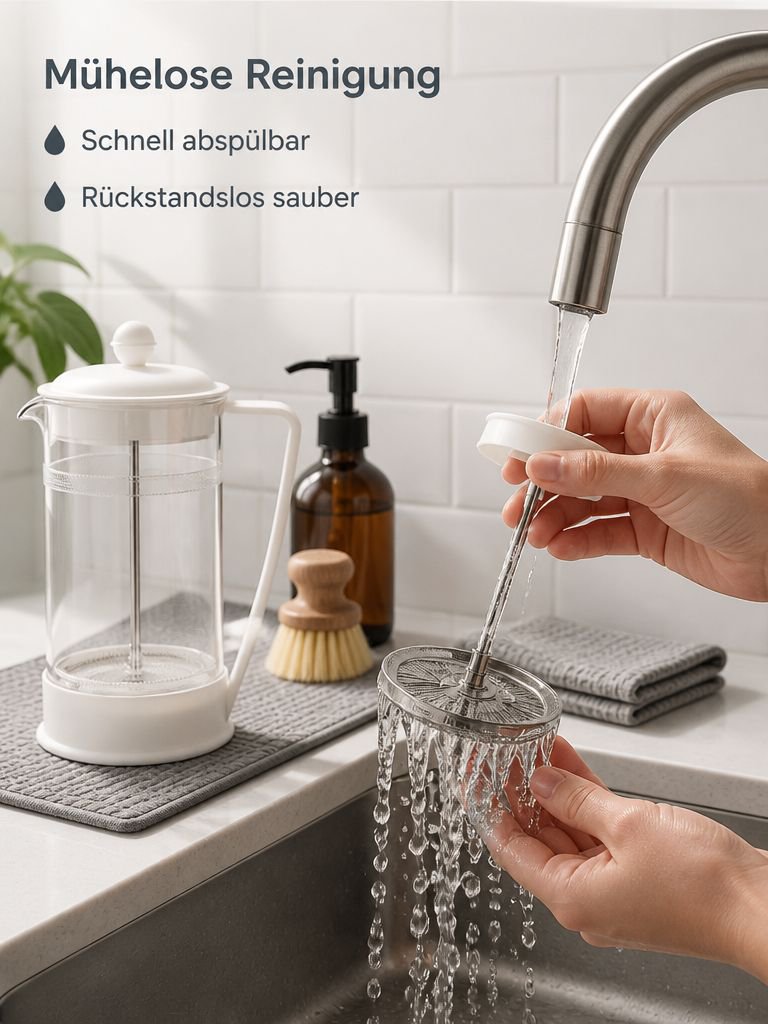 1000-ml-Stempelkanne aus Glas auf dem Frühstückstisch