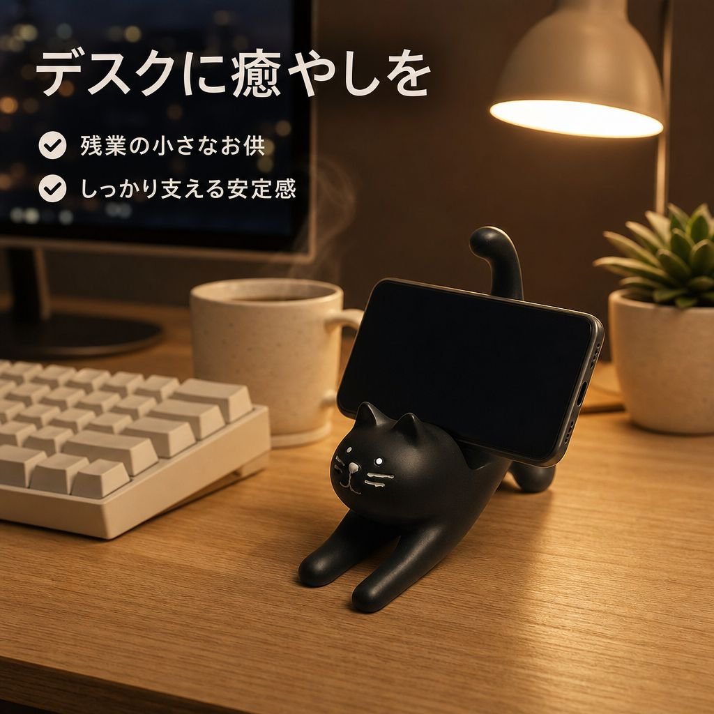 怠け者スマホホルダー 黒猫飾り デスク樹脂工芸猫オブジェ