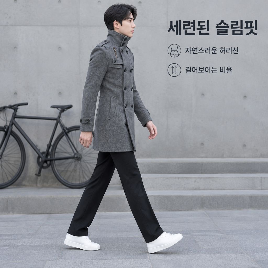 남성 클래식 슬림핏 미디 롱 모직 코트 트렌치 자켓