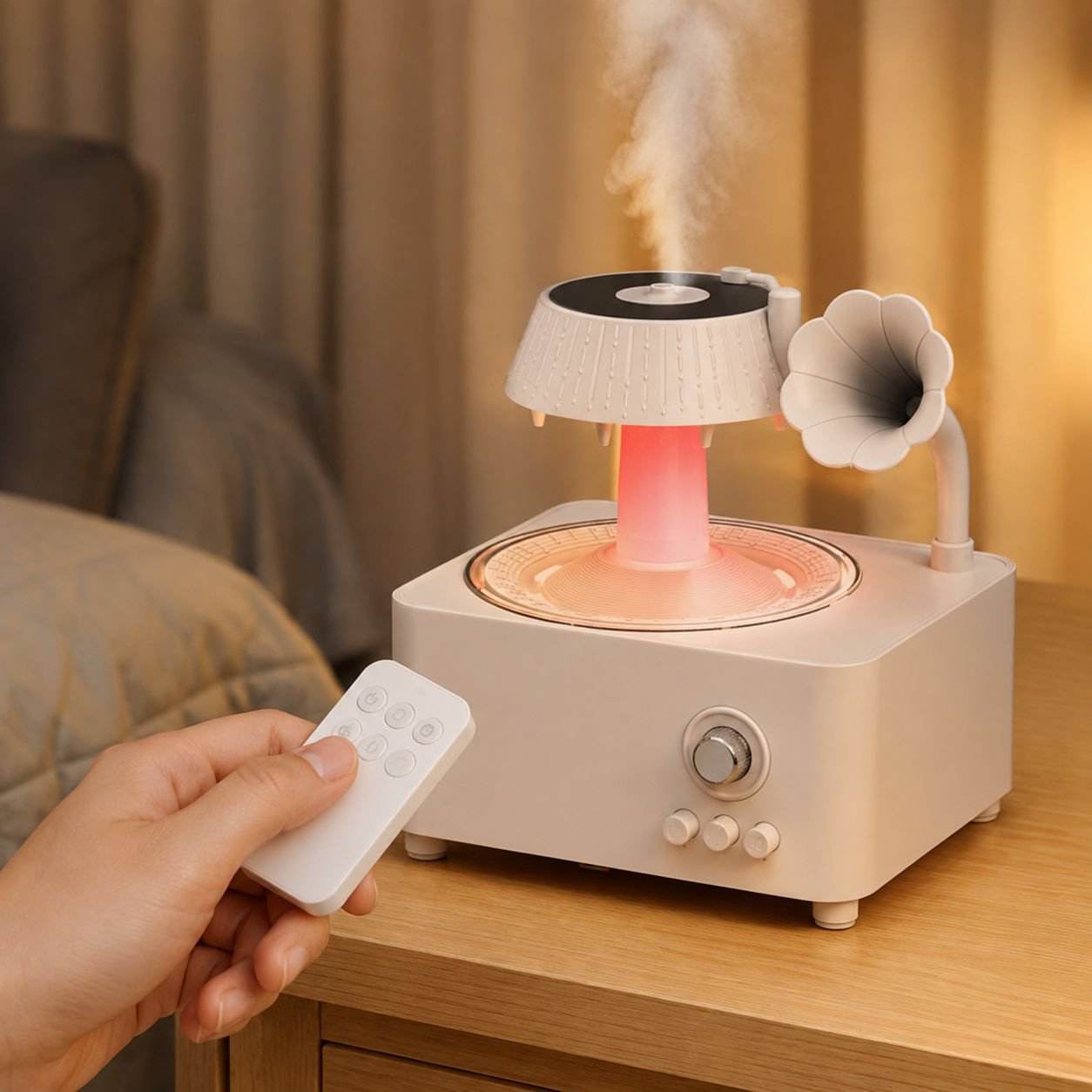 Difusor de aceites esenciales con luz de siete colores, control remoto y diseño de gramófono retro