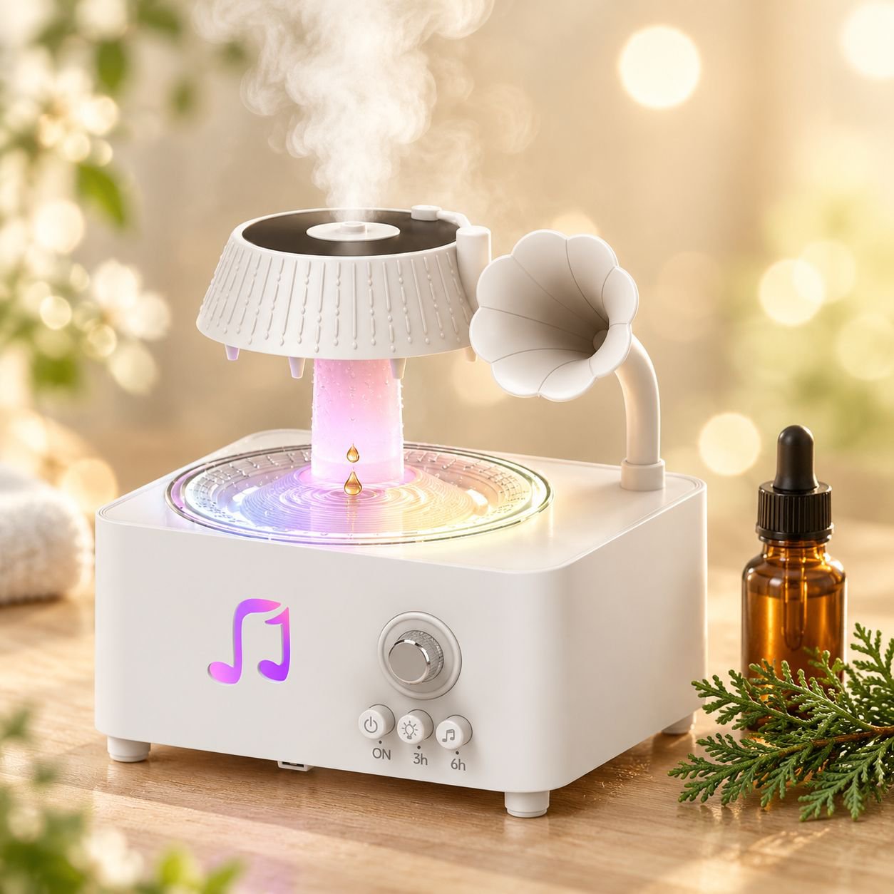 レトロ蓄音機風の雨滴加湿器、7色ムードライト・リモコン付き、家庭用静音アロマディフューザー