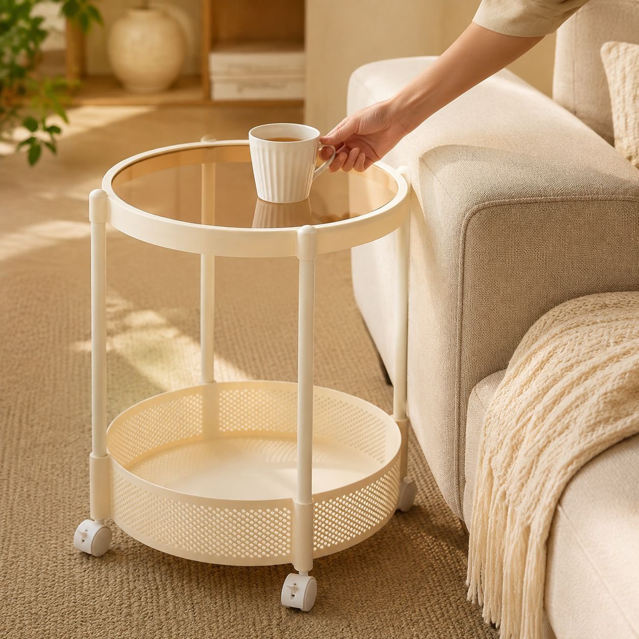 French Light Luxury Movable Glass Coffee Table Living Room Sofa Side Table