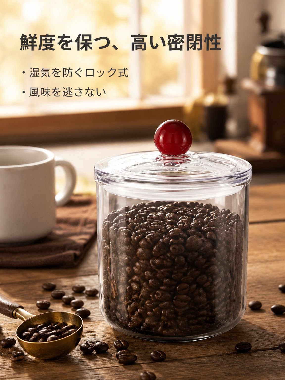 麺類、穀物、スナック菓子、乾燥食品、コーヒー豆などを保存できる、食品グレードの密閉式キッチン保存容器。