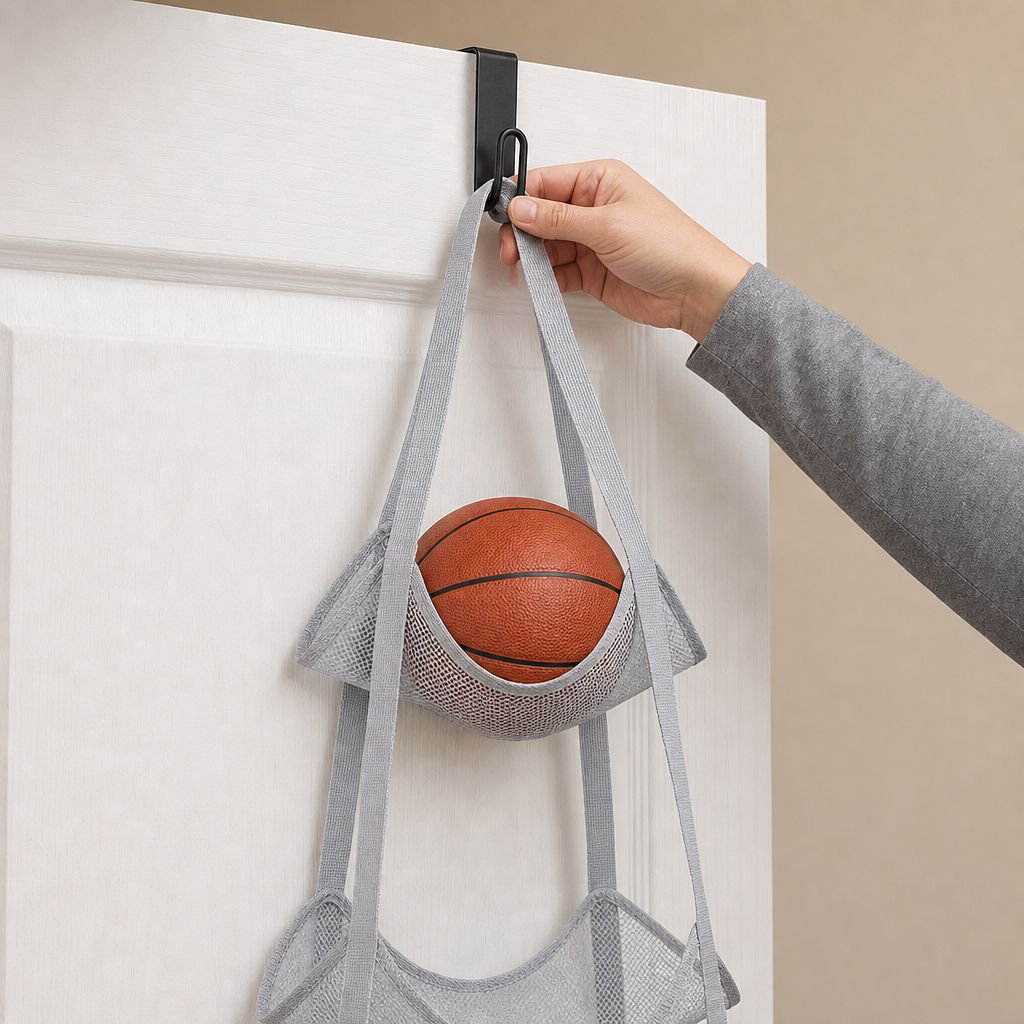 Multi-functional Ball Storage Hanging Bag Over-the-door Basketball Rack