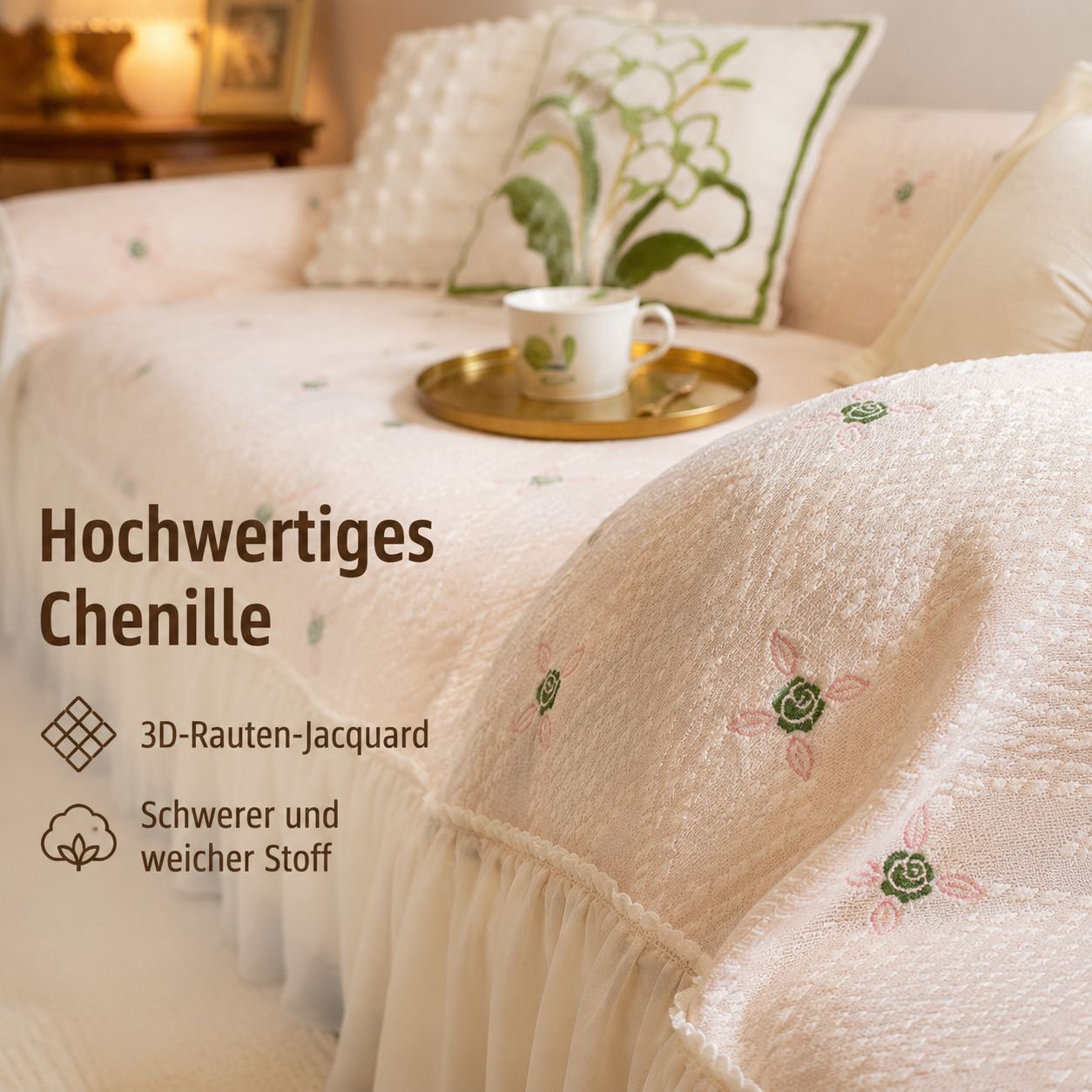 Vollständige Sofahusse mit Spitzenrüschen, Chenille-Stoff im Cream-Stil