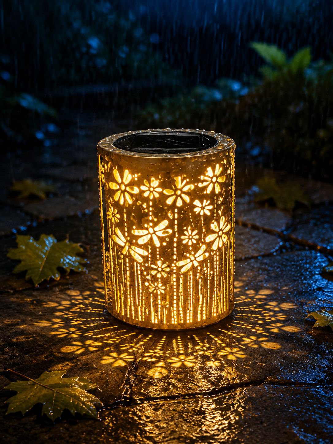 Solar-powered dragonfly night light illuminating garden at night