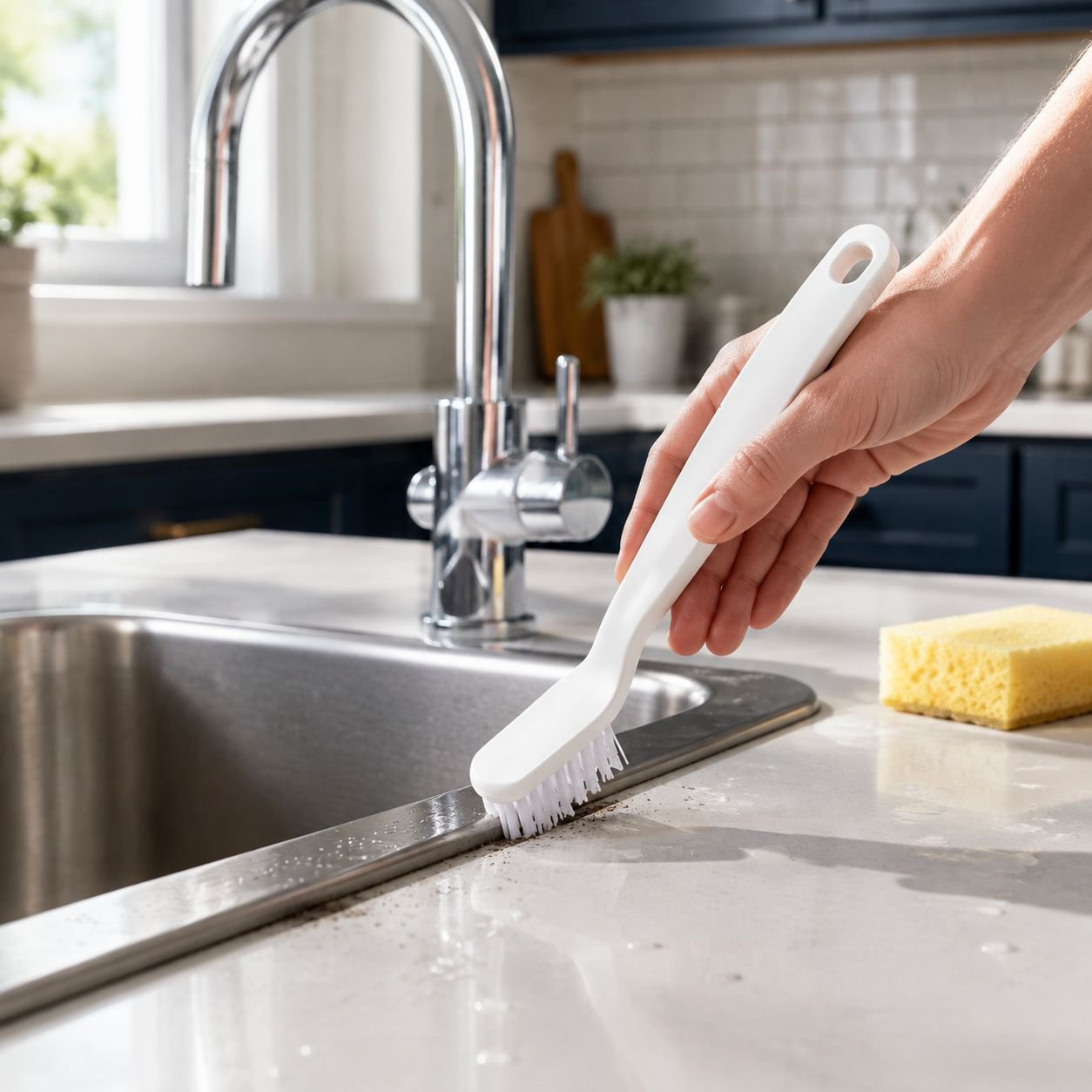 Ergonomic tile gap cleaning brush in use